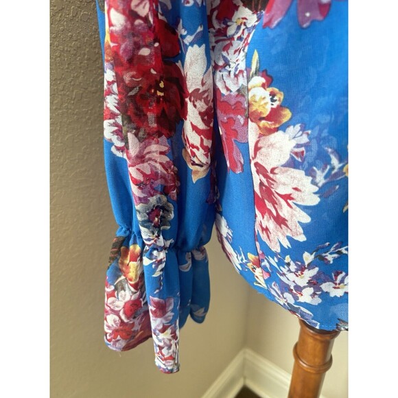 Elie Tahari Size Medium Blue Red Floral Print Ruffle Sleeve Sheer Blouse - Picture 4 of 7